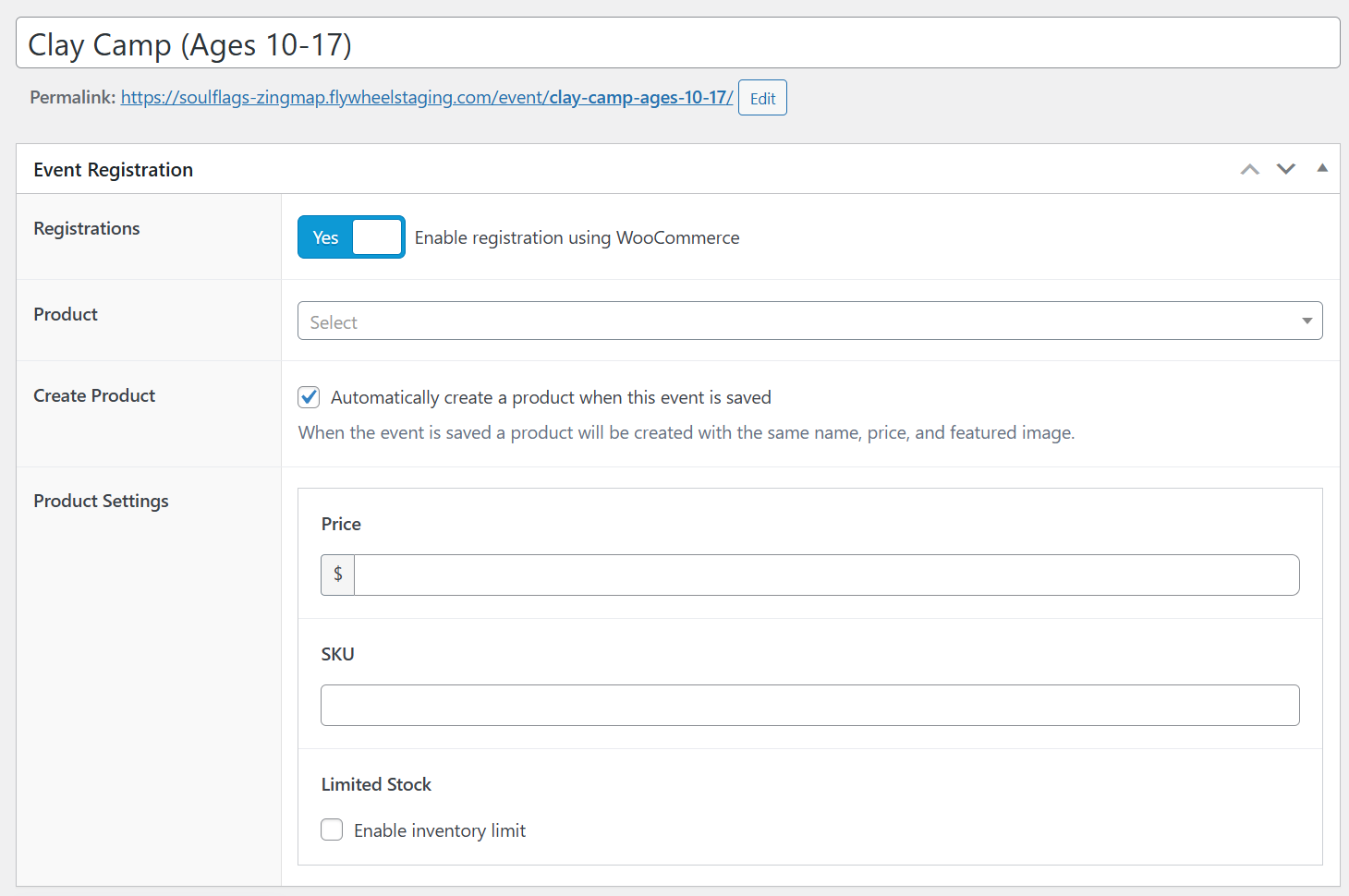Event Registration Form with Create Product option selected