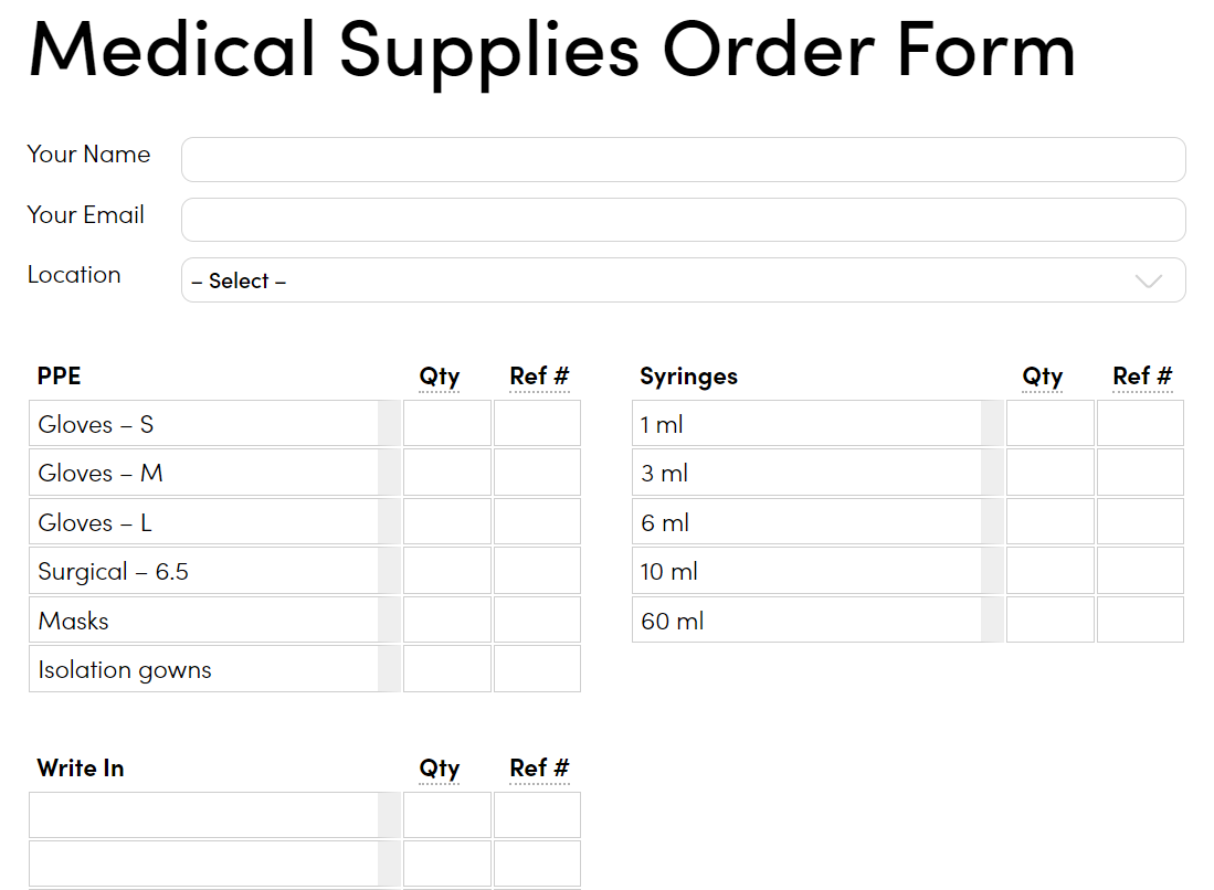 Medical Supplies Order Form showing fields for your name, email, location, and quantity fields several products.