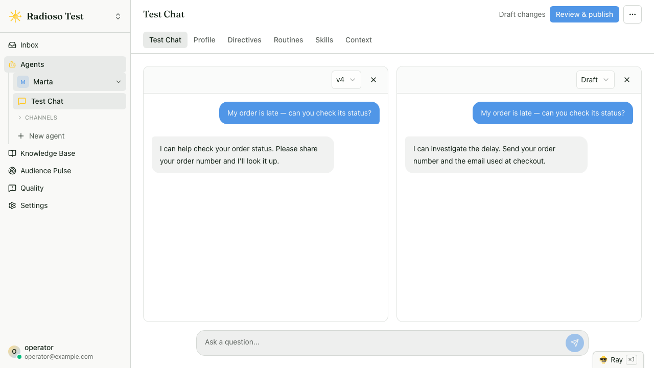 A grounded agent answer in the Radioso dashboard, cited to its source, with suggested follow-up questions