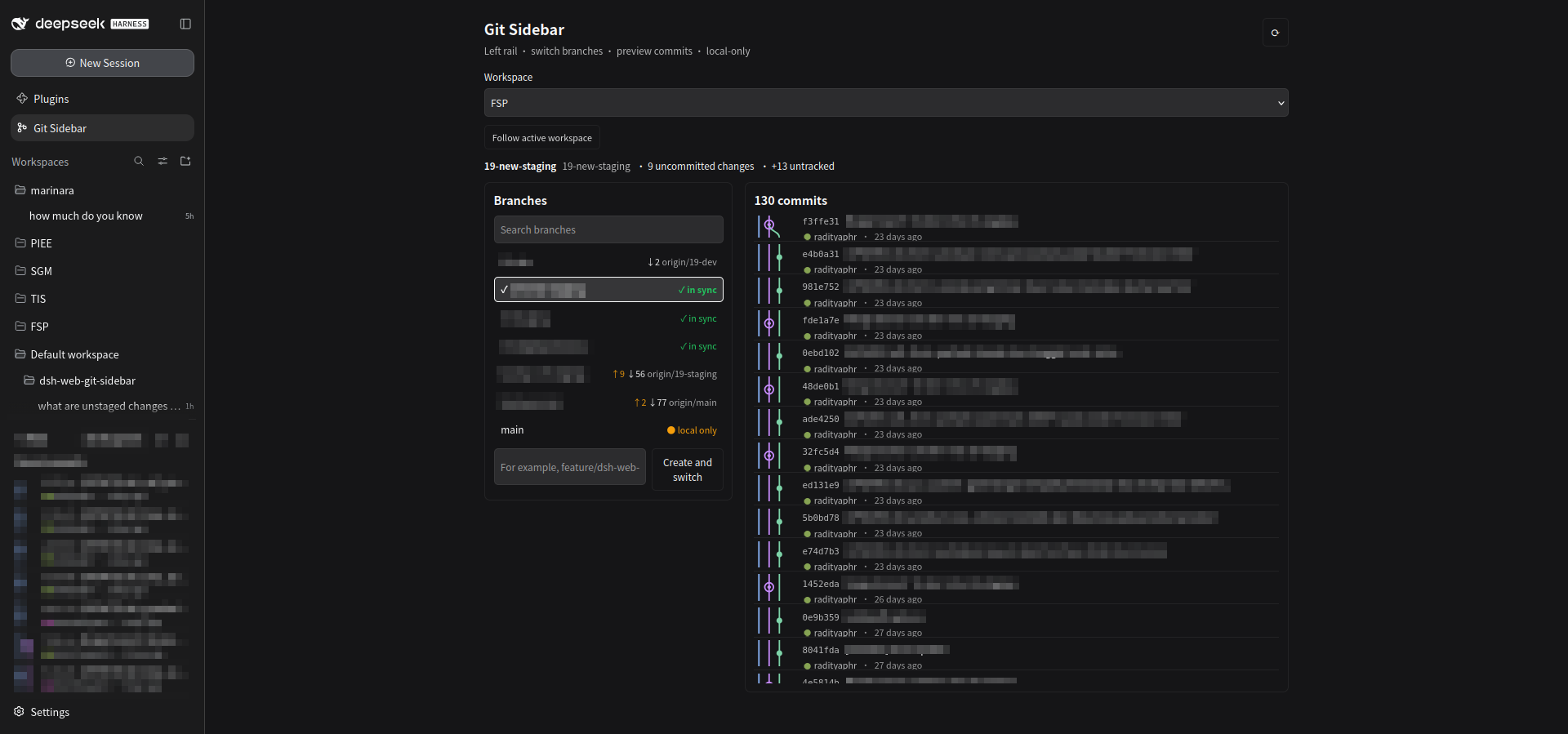 Full Git panel with branches and commit graph