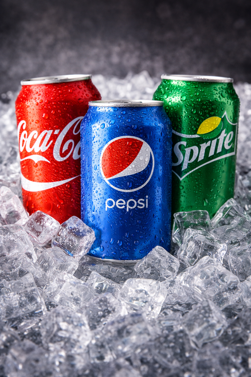 Coca Cola Pepsi Sprite drinks on ice