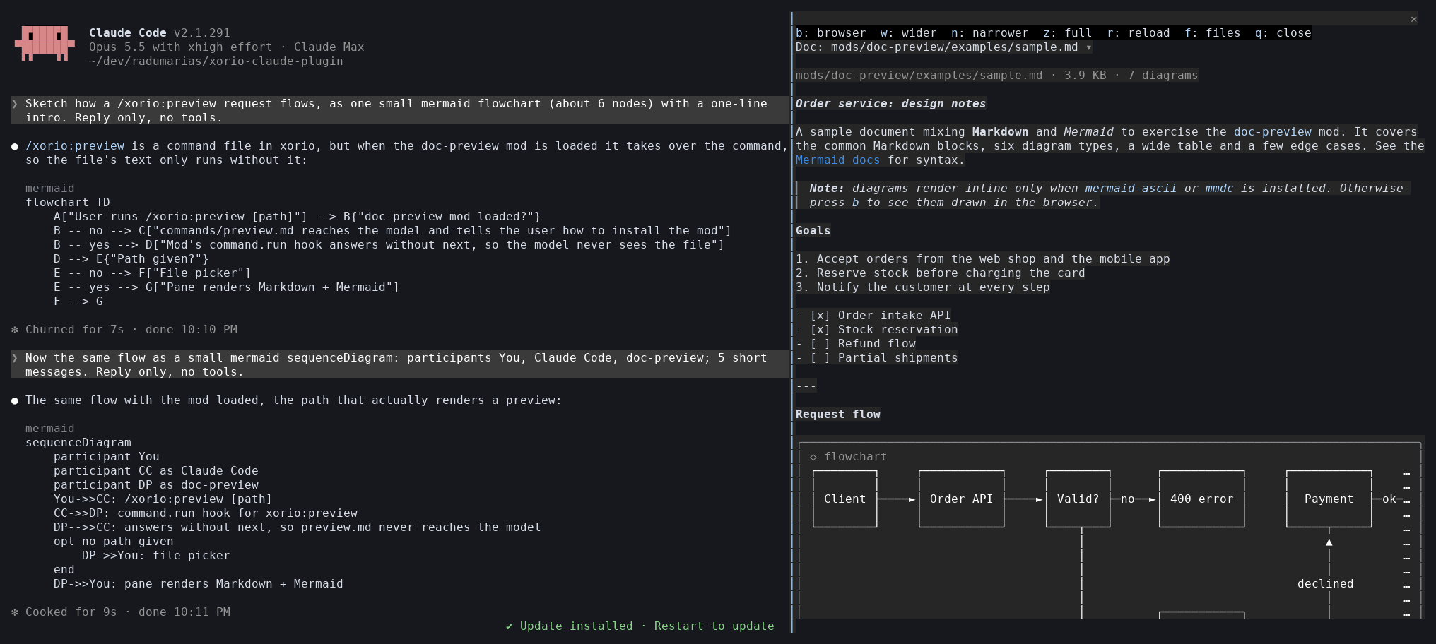 The conversation on the left, examples/sample.md open in the panel on the right