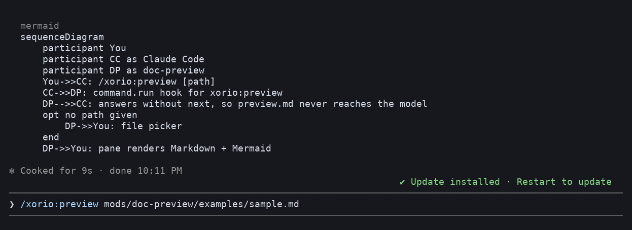Typing /xorio:preview with a path at the prompt