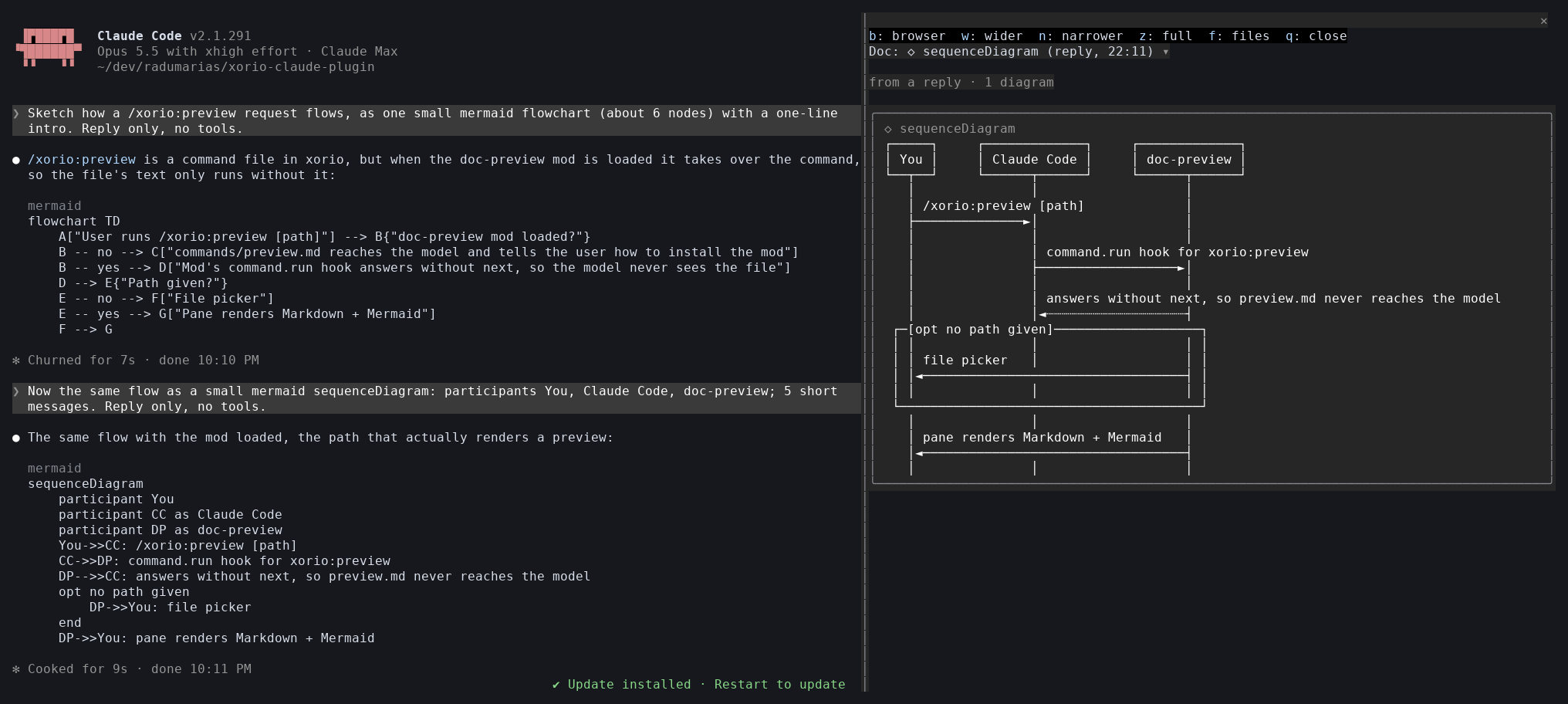 Claude Code's conversation on the left, the doc-preview panel with the sequence diagram on the right