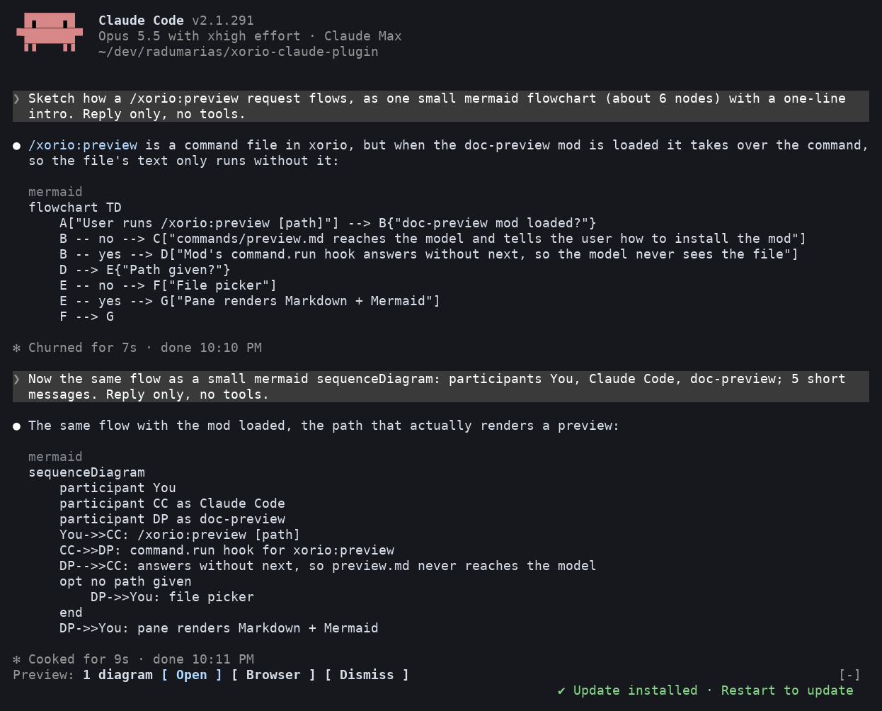 A reply holding a Mermaid diagram, and the Preview line above the prompt