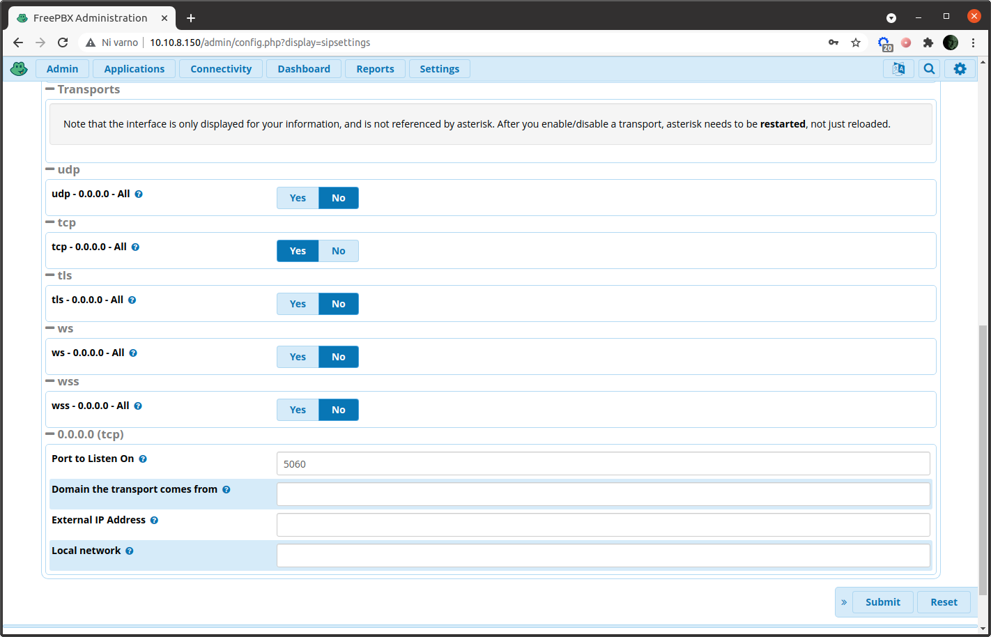 Disabling UDP and enabling TCP