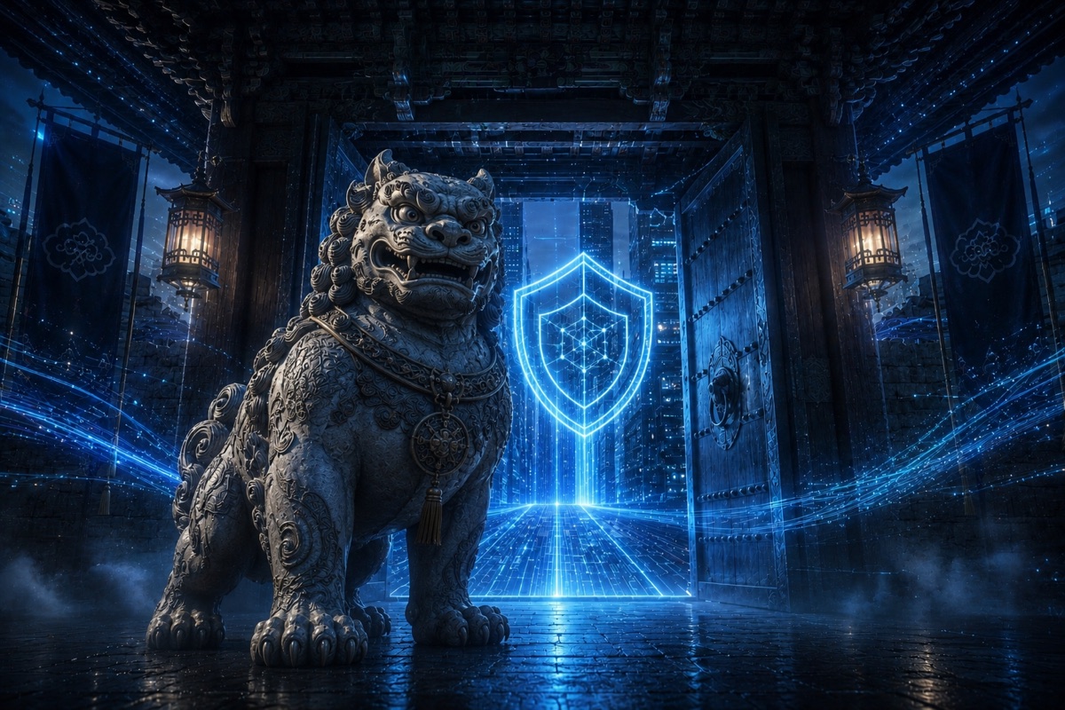 Haechi — a guardian haechi warding a gateway with a digital shield