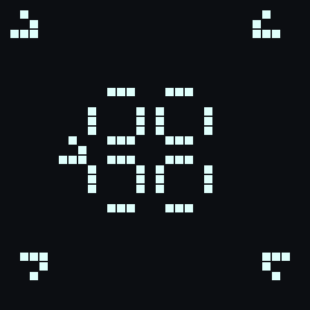 Gliders and a pulsar on the 32×32 grid, rendered from the gate-level simulation