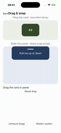 A card and panel follow real drags and settle within bounds