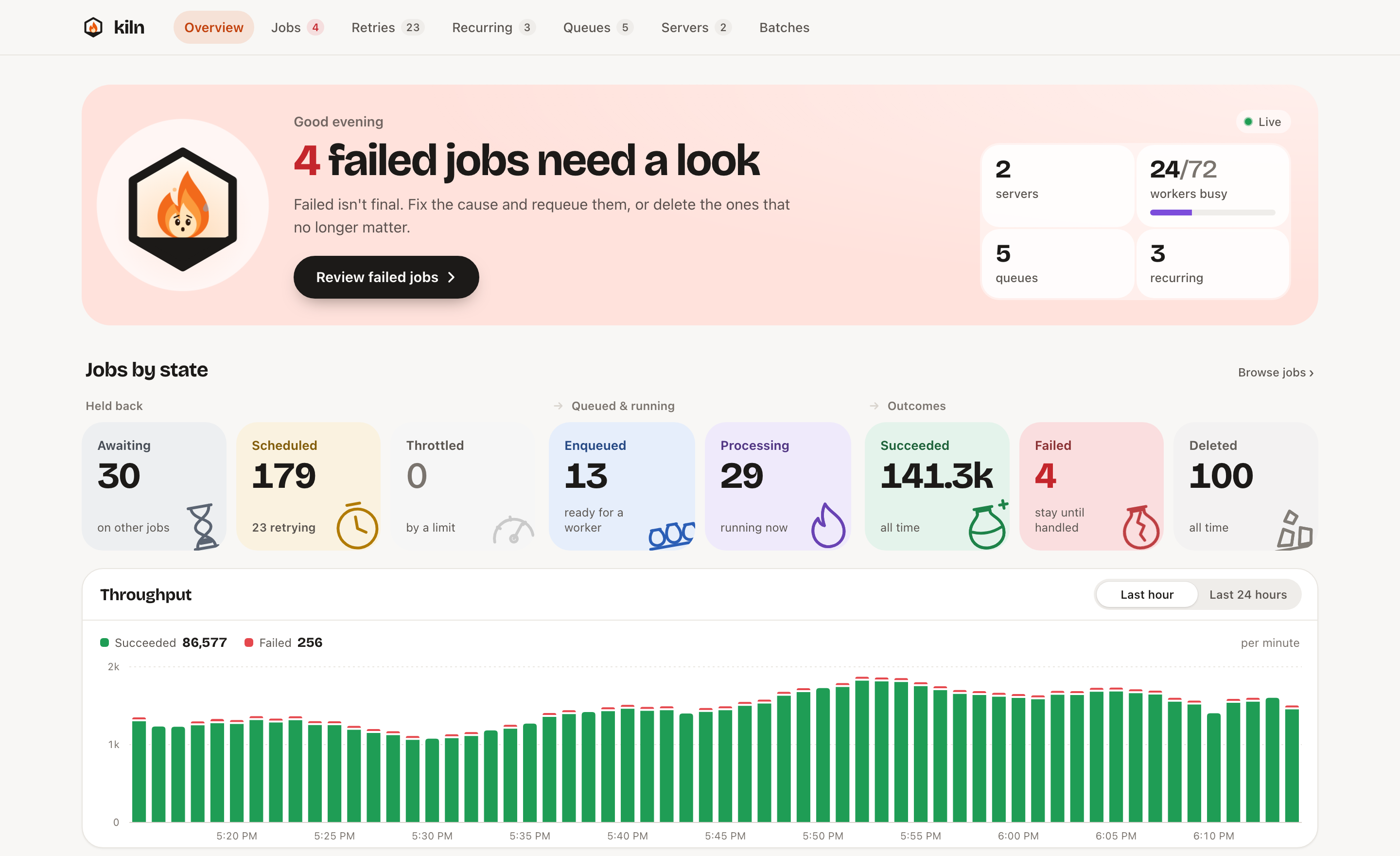 The kiln dashboard: jobs by state, throughput over the last hour, queues and servers