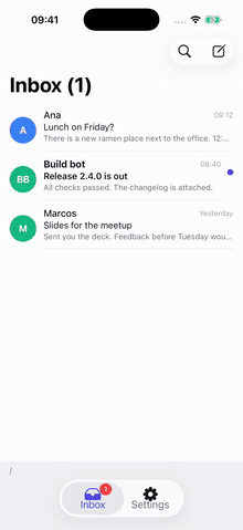 Switch tabs while preserving the message stack, then reselect Inbox to return to its root
