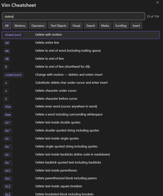 Modal view showing search results for "delete"