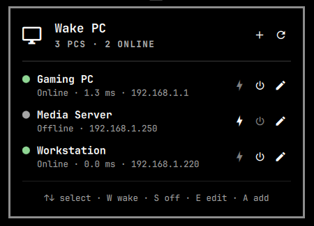 Wake PC panel listing three PCs