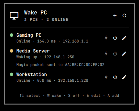 List view with one PC waking up