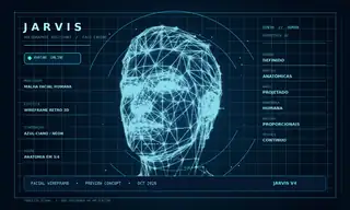 Conceito JARVIS V4: rosto humanoide com malha wireframe azul