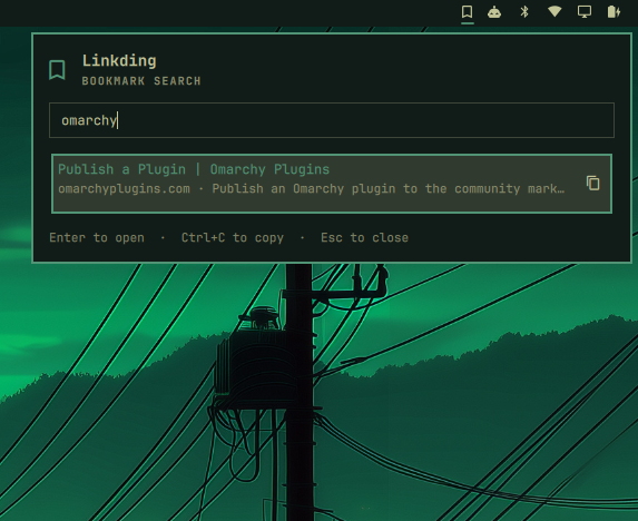 Linkding bookmark search panel in the Omarchy bar