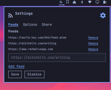 Feed settings with configured URLs and the add-feed field