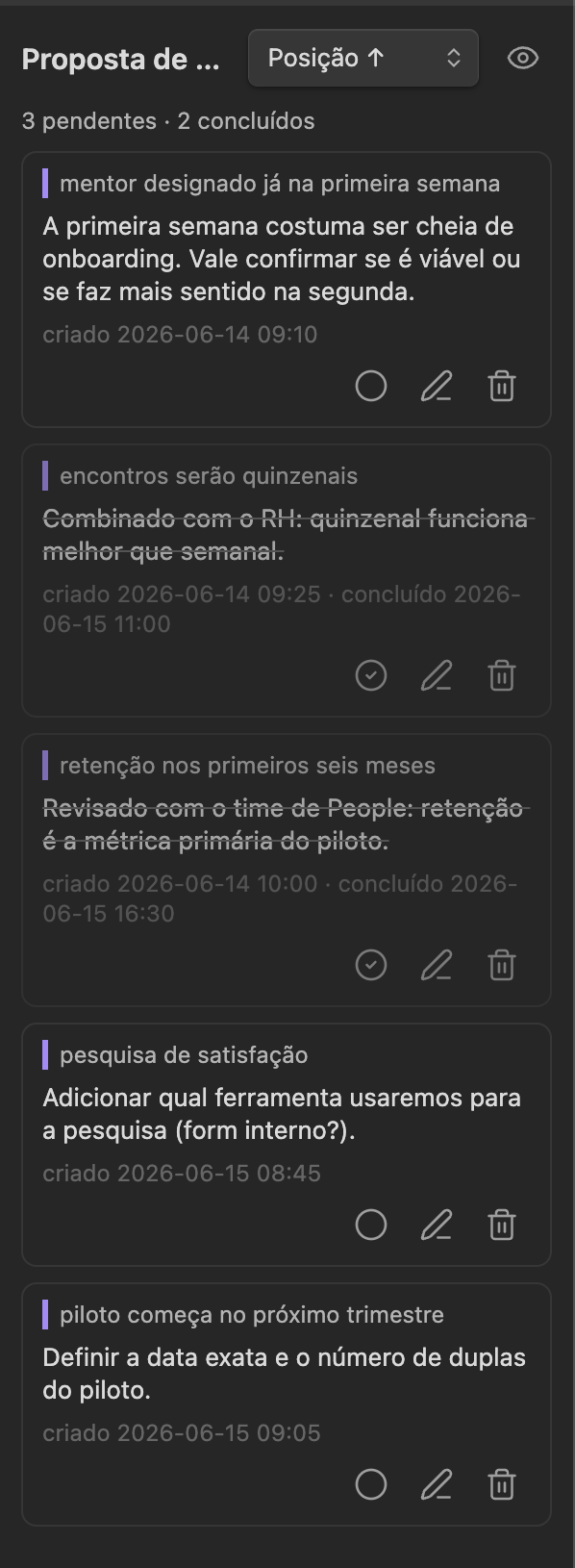 Painel de comentários com a trilha de histórico