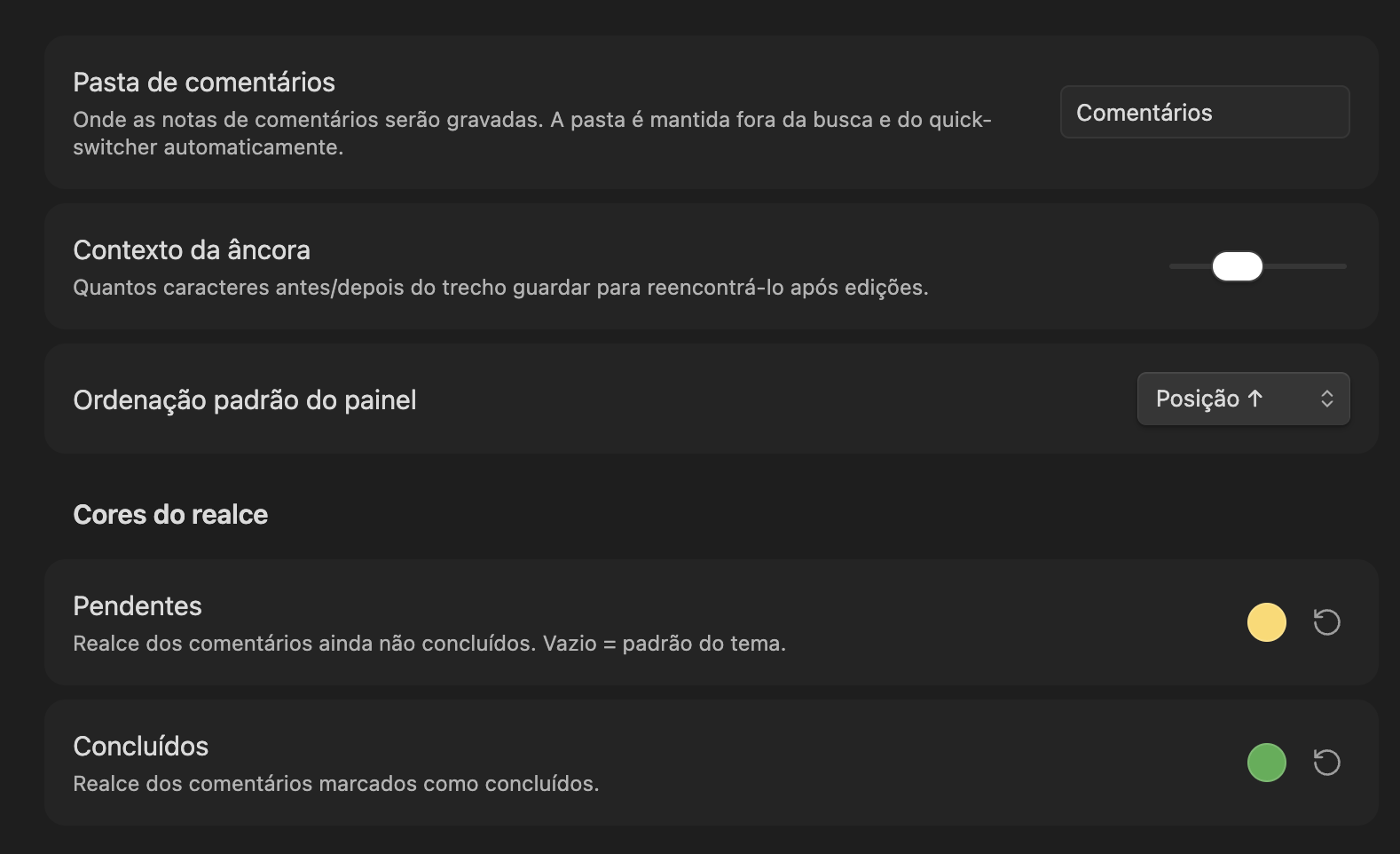 Tela de configurações do plugin