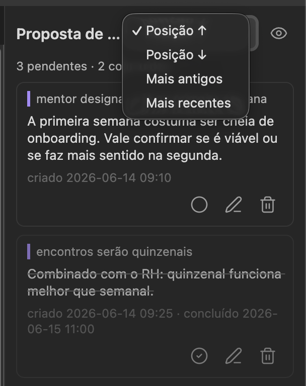 Menu de ordenação do painel