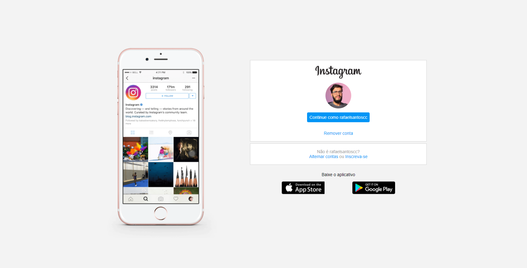 Imagem de login da cópia do Instagram logado na conta de Rafael Santos