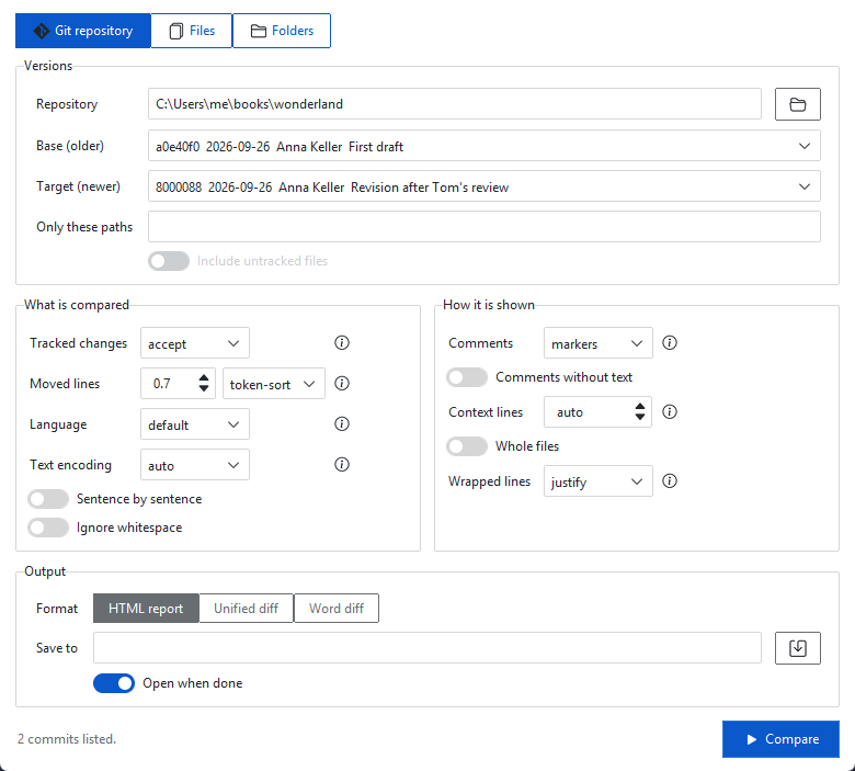 The prosediff window: a git repository with base and target commits chosen from lists, and the options