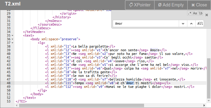 Example XML file loaded in an Ace Editor with text search enabled