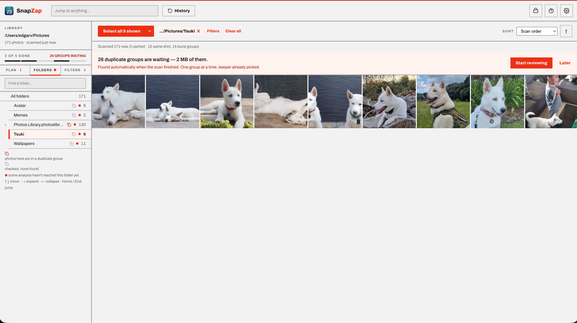 The Folders tab: a searchable folder tree in the rail, with the grid narrowed to the selected folder