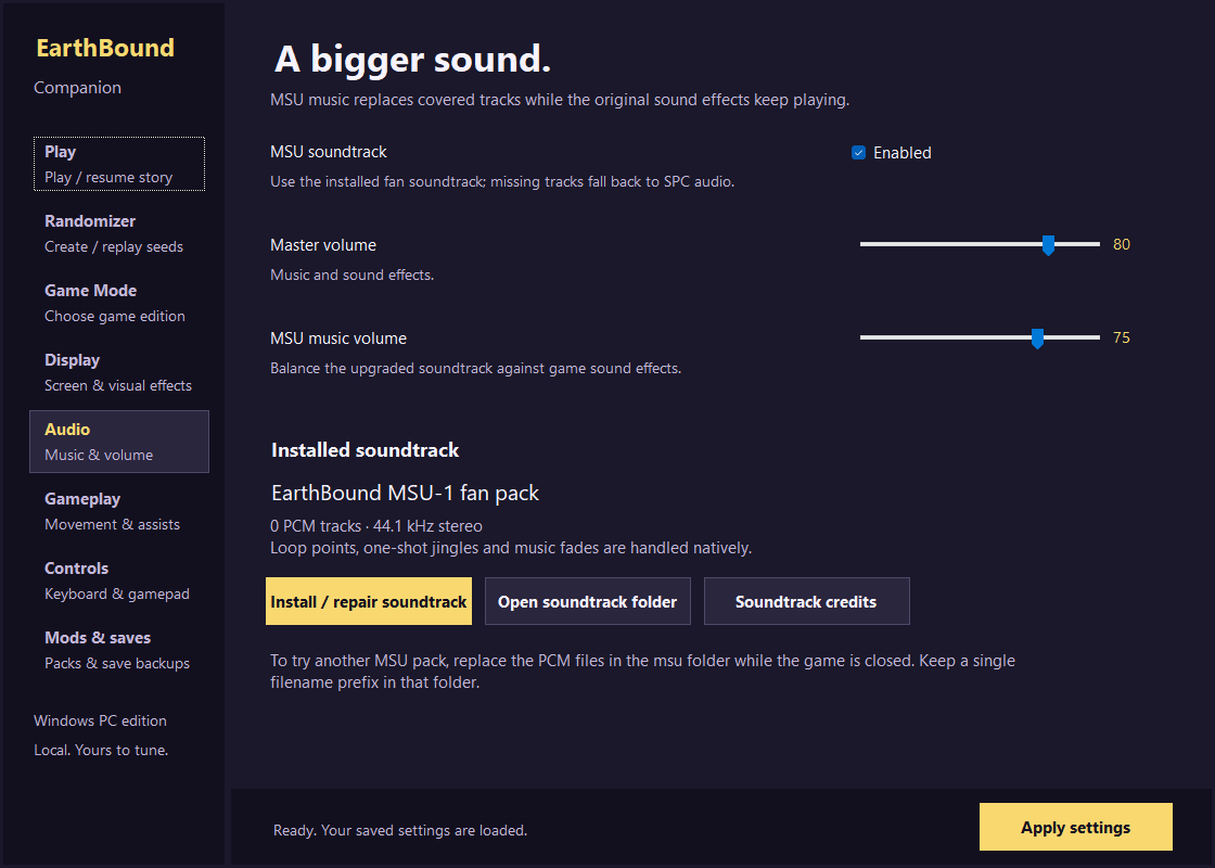Native MSU soundtrack controls