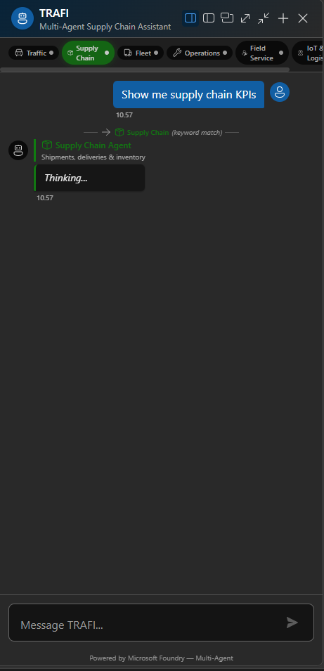 TRAFI chat panel with agent badges and tool-call indicators