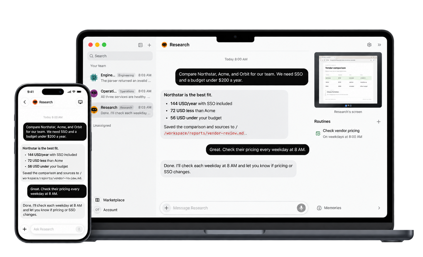 OpenTeam desktop and iPhone apps showing the same vendor comparison and weekday pricing check