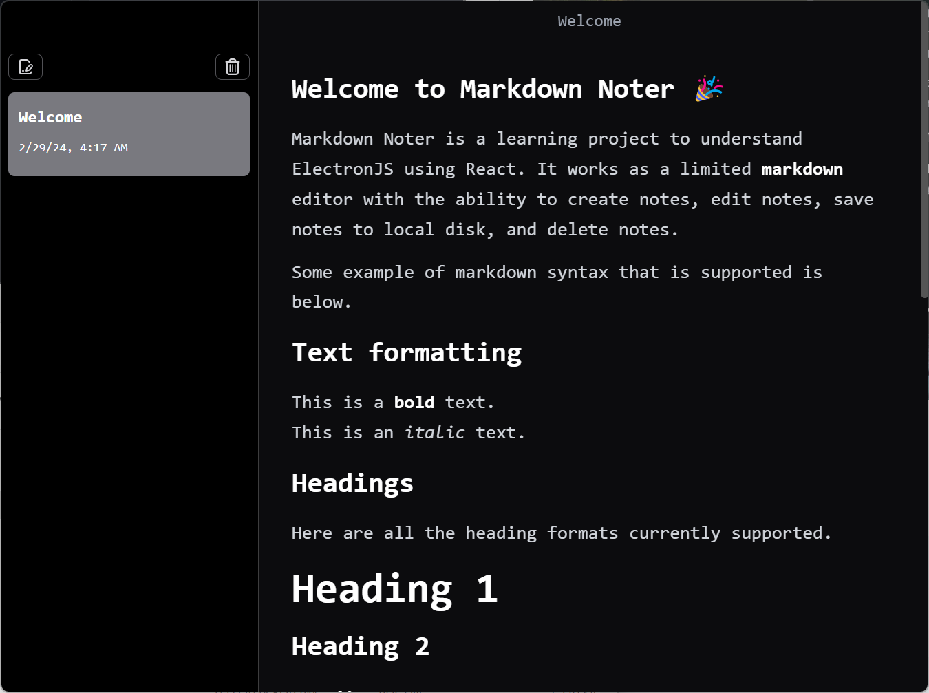 Markdown-Noter Welcome Note Screenshot