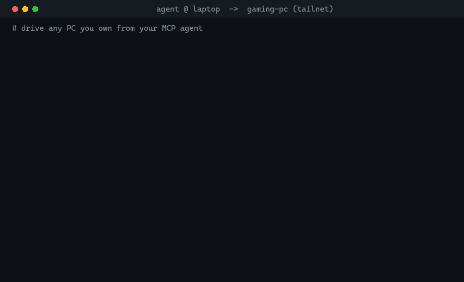 remote-pc-mcp demo: an agent calling system_info, running a background job polled by PID, and taking a screenshot on a remote machine
