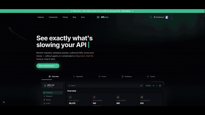 APILens dashboard demo — landing page and a tour of the live dashboard