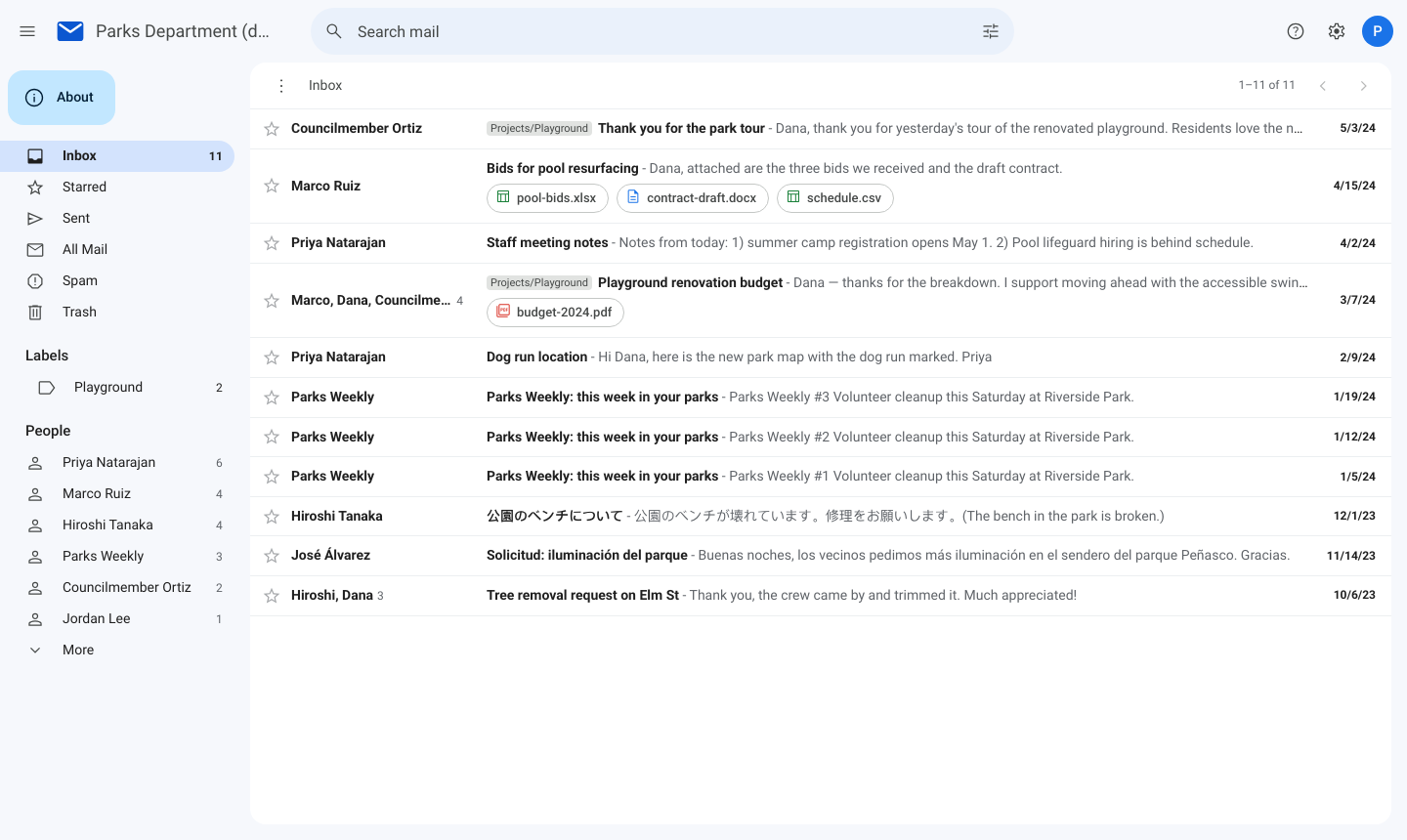 The inbox of the demo mailbox