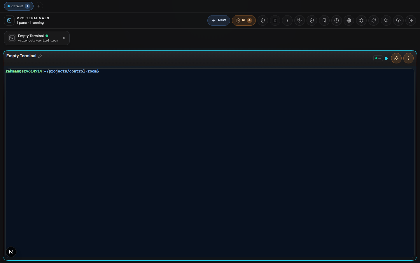 VPS Control Room authenticated terminal dashboard — desktop, rendered locally from the dev server