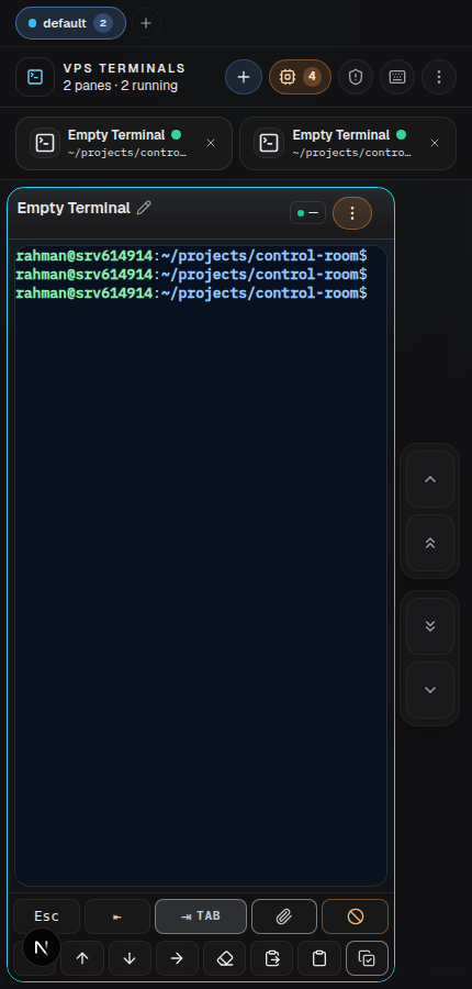 VPS Control Room authenticated terminal dashboard on a phone-width viewport, rendered locally