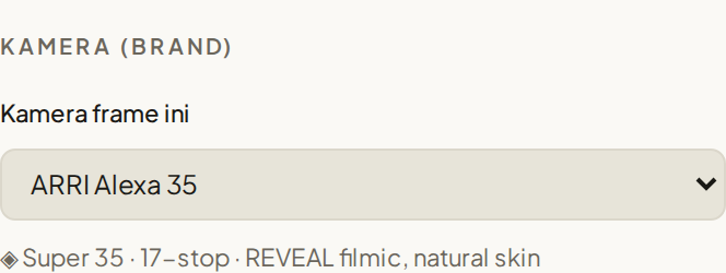 The camera-brand picker showing ARRI Alexa 35 and its Super 35 · REVEAL filmic look hint