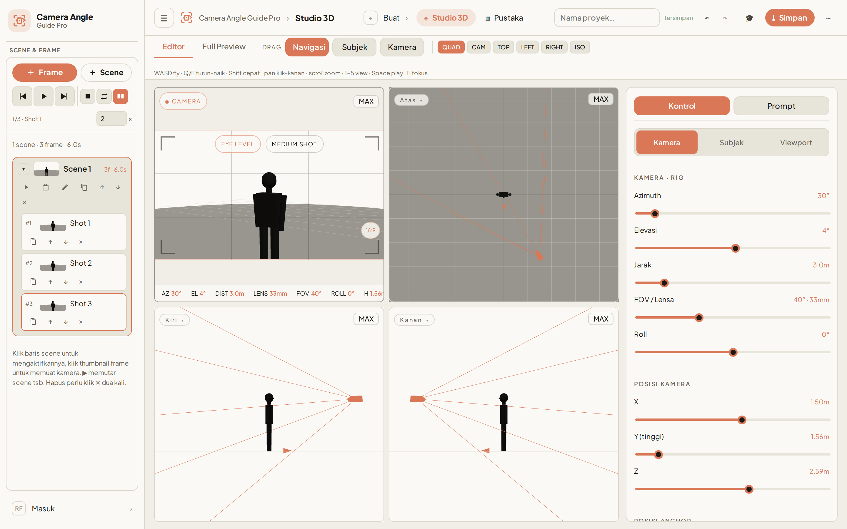 Camera Angle Guide Pro — Studio 3D with quad viewport, rig sliders, and the scene/frame sidebar