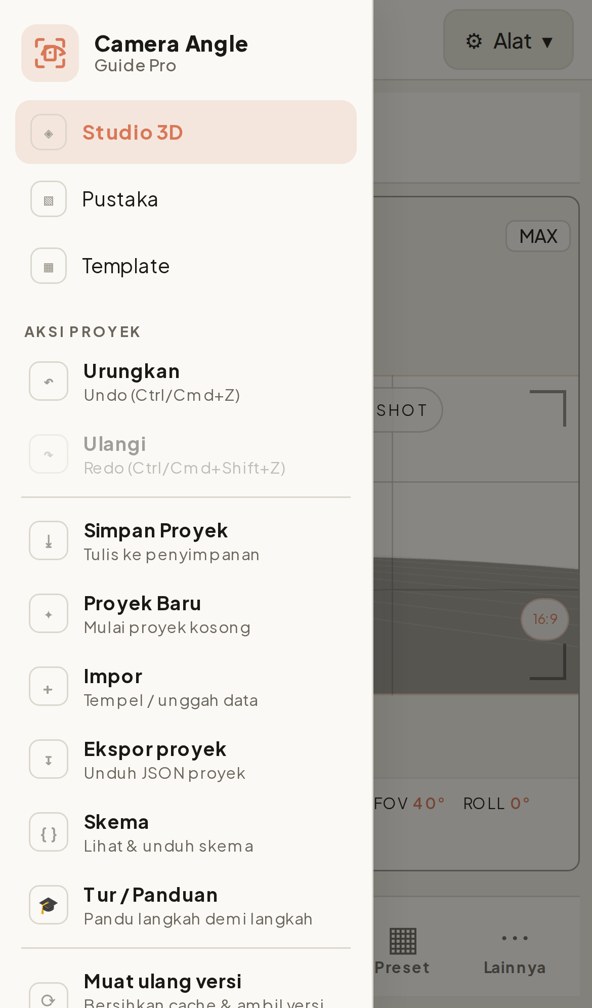 The ☰ drawer with the app nav and all project actions