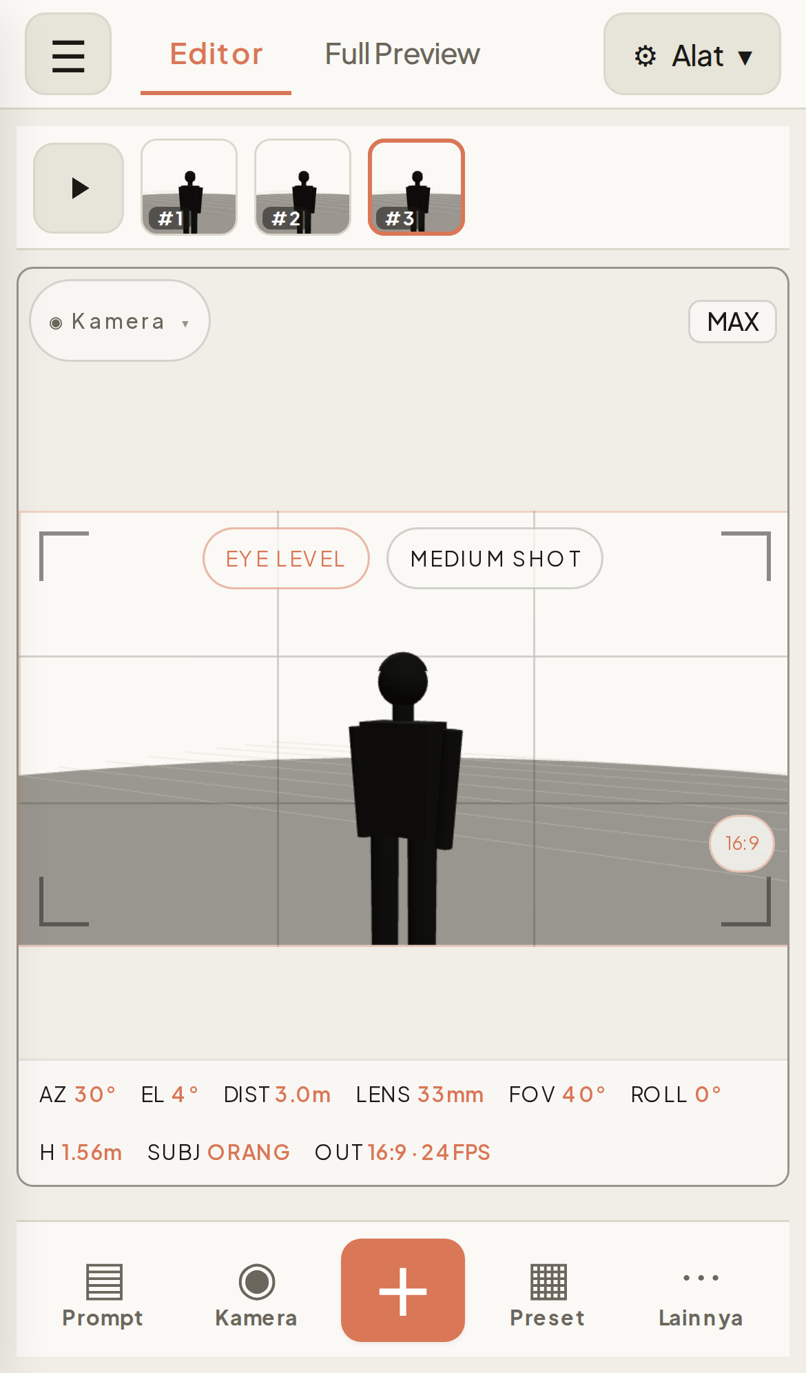 Mobile editor: merged top bar, square frame strip, 3D canvas, and the 5-button bottom dock