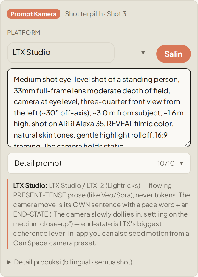 Prompt tab: LTX Studio platform, the live Prompt Kamera output with an ARRI Alexa 35 look tag, and the 10 detail toggles