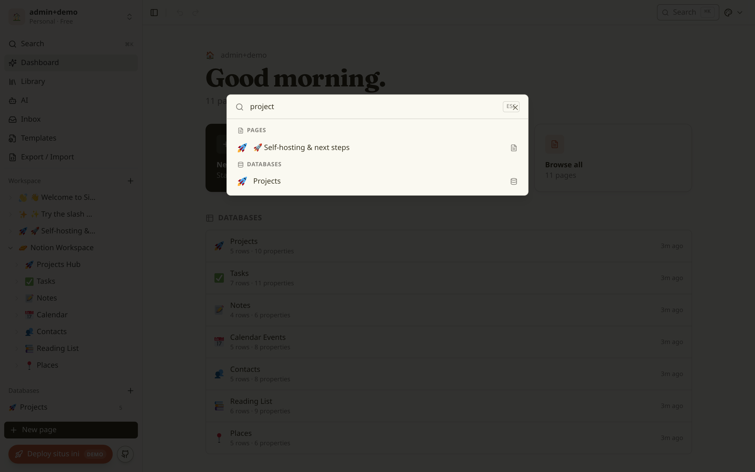 Command palette searching pages and databases