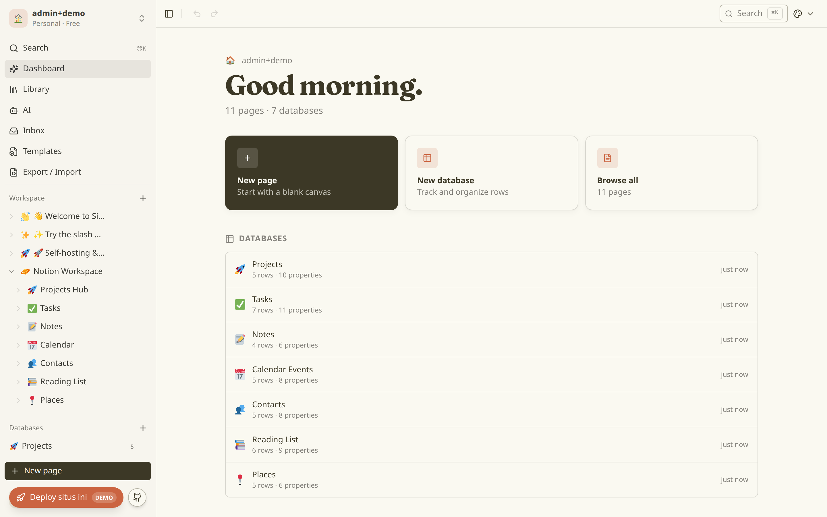 open-silong workspace — sidebar, pages and databases on the dashboard