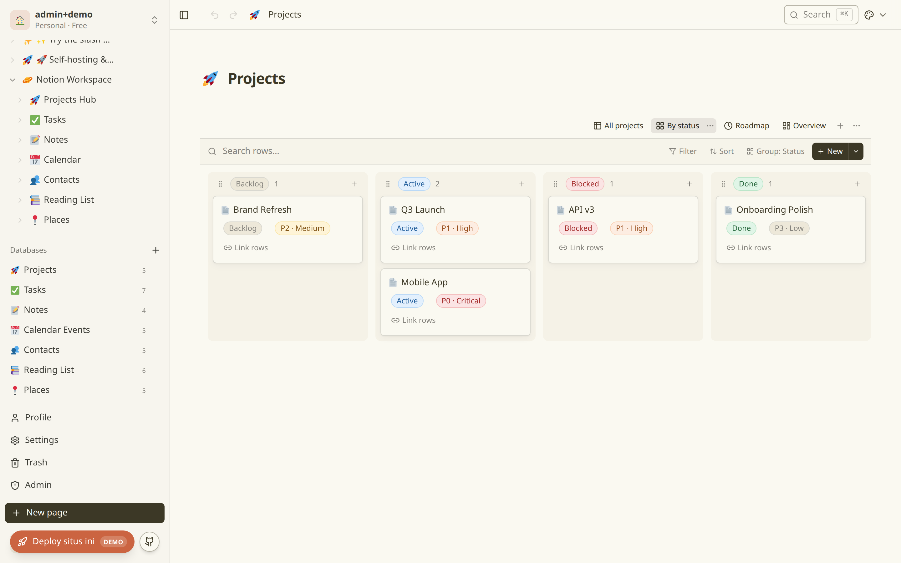 Database board (Kanban) view grouped by status