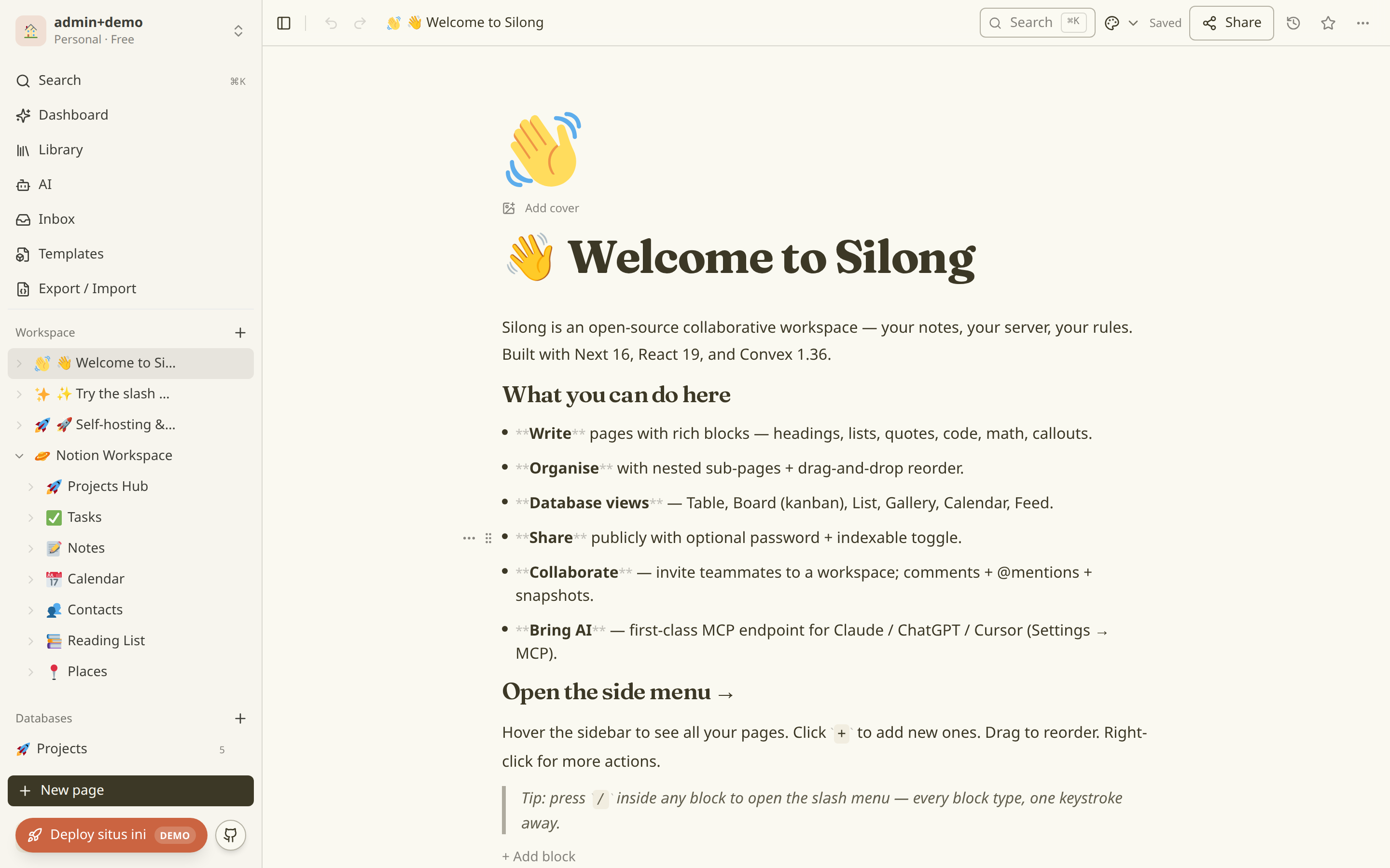 Block editor with rich blocks, slash menu and cover