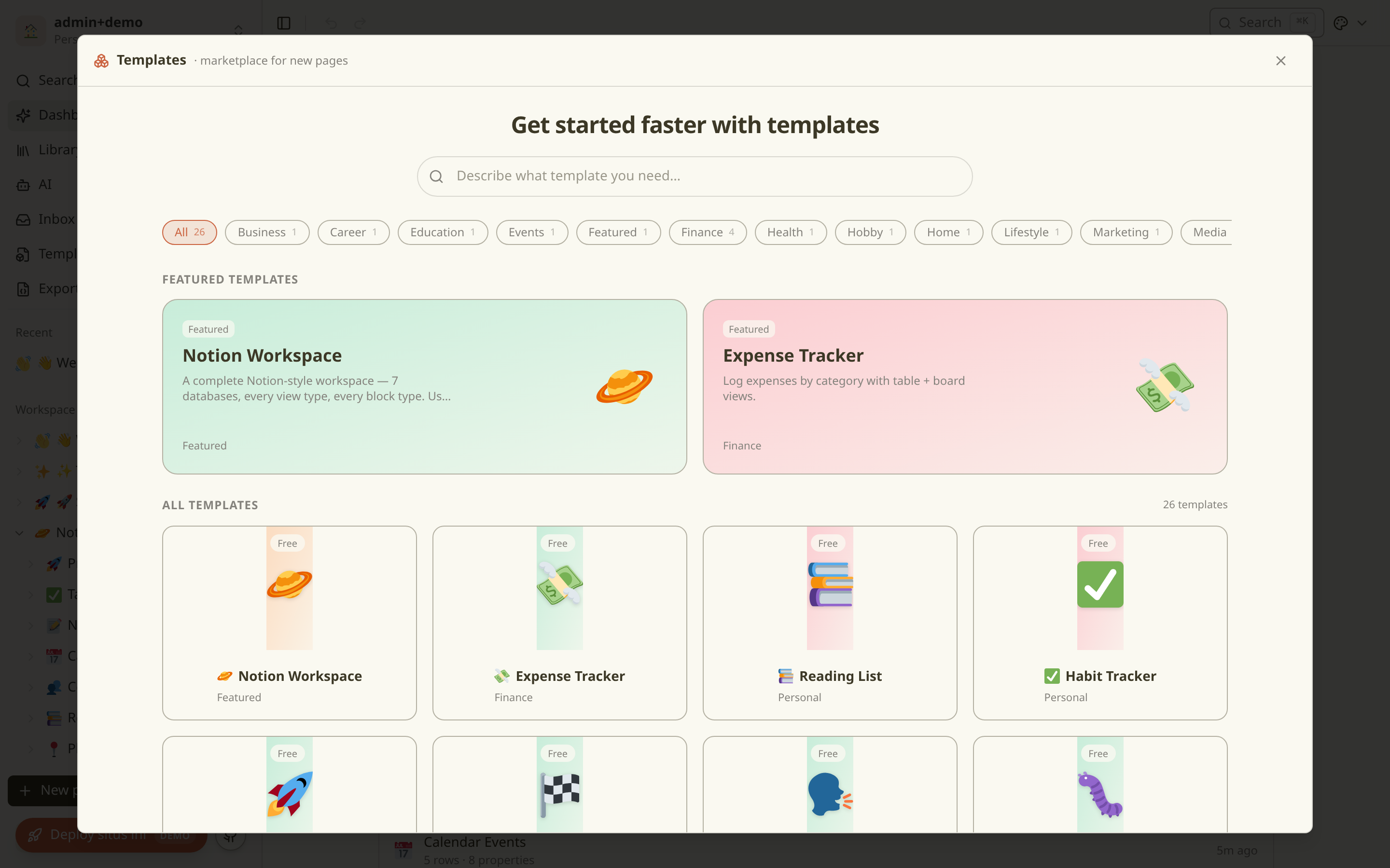 Template marketplace with 26 templates and AI prompt