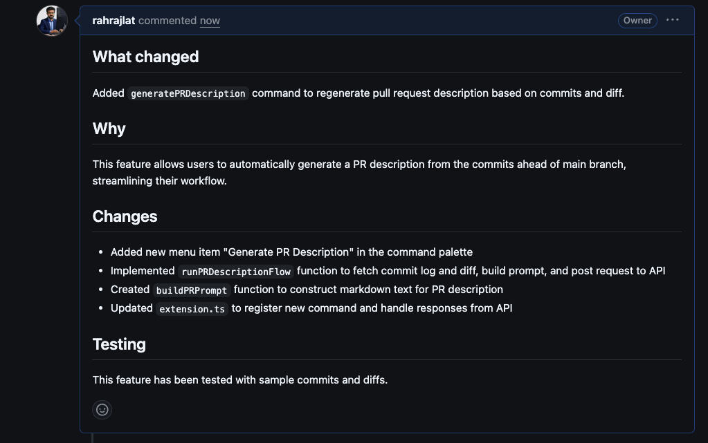 PR description in editor