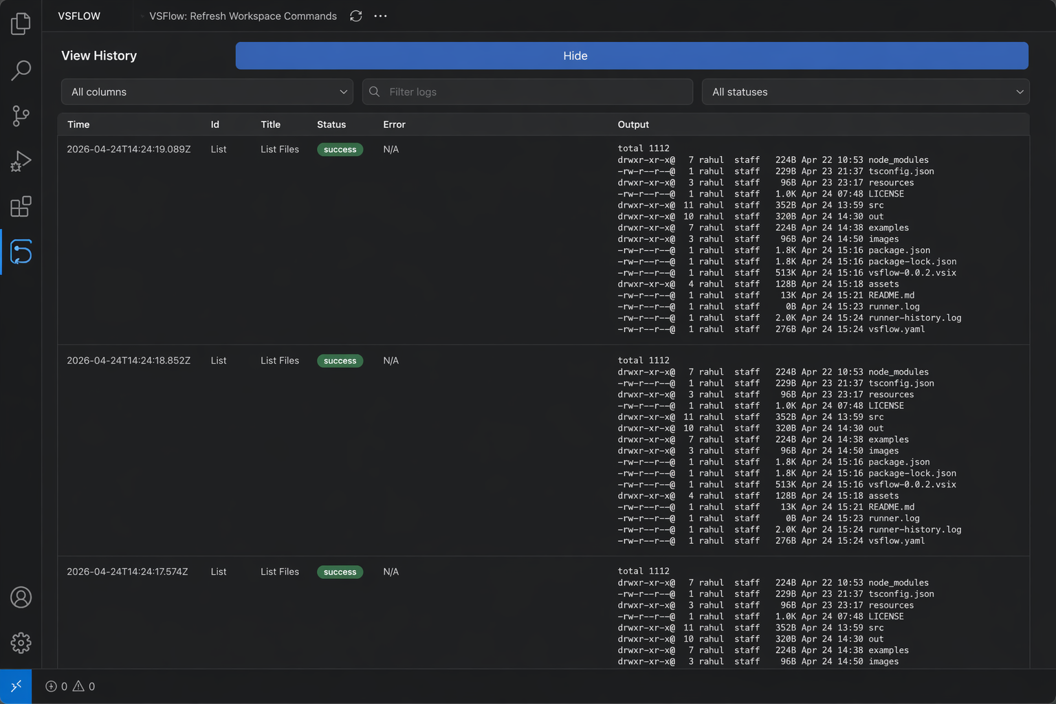 VSFlow history screenshot