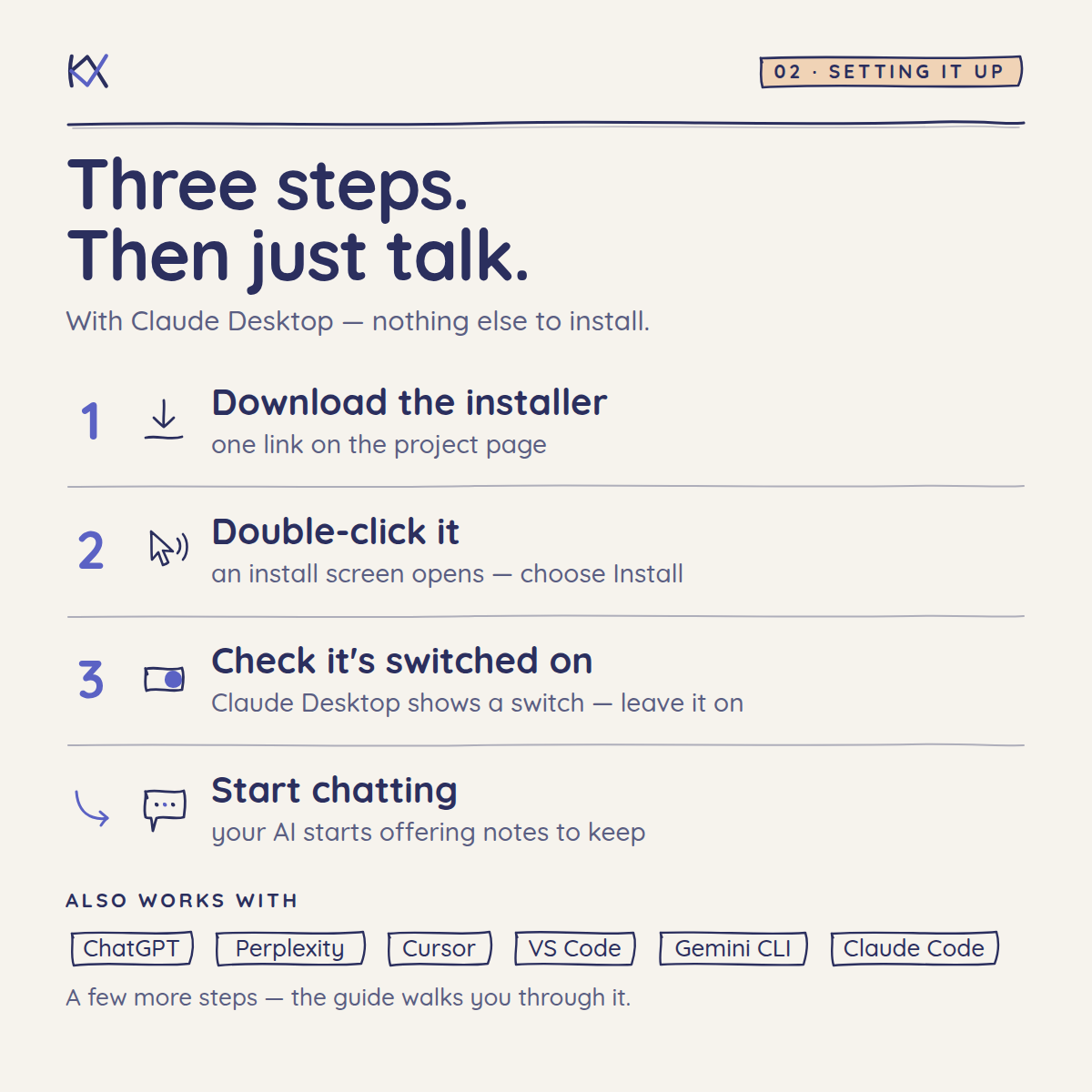 Setting it up — three clicks, then just talk